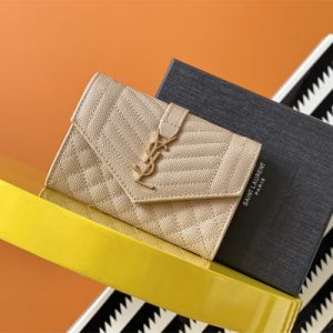 Y.S.L SMALL ENVELOPE WALLET IN MIX MATELASS?? GRAIN DE POUDRE EMBOSSED LEATHER Beige Color Gold Tone Metal