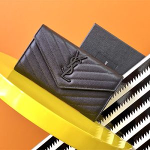 Y.S.L CASSANDRA MATELASS?? LARGE FLAP WALLET IN GRAIN DE POUDRE EMBOSSED LEATHER Black Color Black Tone Metal