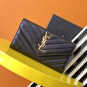 Y.S.L CASSANDRA MATELASS?? LARGE FLAP WALLET IN GRAIN DE POUDRE EMBOSSED LEATHER Black Color Gold Tone Metal