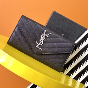 Y.S.L CASSANDRA MATELASS?? LARGE FLAP WALLET IN GRAIN DE POUDRE EMBOSSED LEATHER Black Color Silver Tone Metal