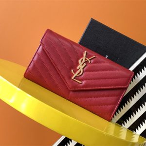 Y.S.L CASSANDRA MATELASS?? LARGE FLAP WALLET IN GRAIN DE POUDRE EMBOSSED LEATHER Red Color Gold Tone Metal