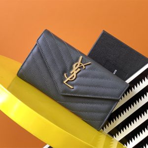Y.S.L CASSANDRA MATELASS?? LARGE FLAP WALLET IN GRAIN DE POUDRE EMBOSSED LEATHER Grey Color Gold Tone Metal