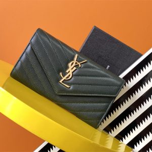 Y.S.L CASSANDRA MATELASS?? LARGE FLAP WALLET IN GRAIN DE POUDRE EMBOSSED LEATHER Dk Green Color Gold Tone Metal