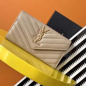 Y.S.L CASSANDRA MATELASS?? LARGE FLAP WALLET IN GRAIN DE POUDRE EMBOSSED LEATHER Beige Color Gold Tone Metal