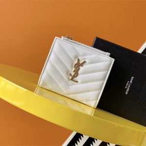 Y.S.L CASSANDRA MATELASS?? BI-FOLD WALLET IN GRAIN DE POUDRE EMBOSSED LEATHER White Color Gold Tone Metal