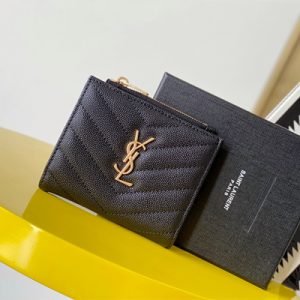 Y.S.L CASSANDRA MATELASS?? BI-FOLD WALLET IN GRAIN DE POUDRE EMBOSSED LEATHER Black Color Gold Tone Metal