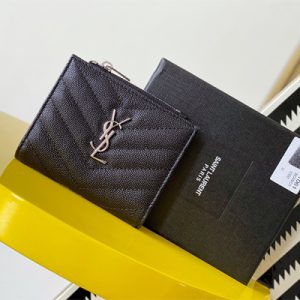 Y.S.L CASSANDRA MATELASS?? BI-FOLD WALLET IN GRAIN DE POUDRE EMBOSSED LEATHER Black Color Silver Tone Metal