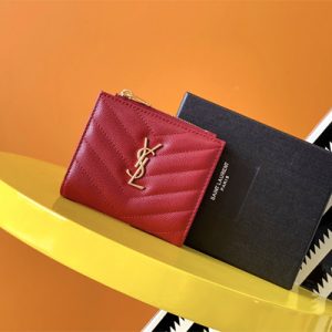 Y.S.L CASSANDRA MATELASS?? BI-FOLD WALLET IN GRAIN DE POUDRE EMBOSSED LEATHER Red Color Gold Tone Metal
