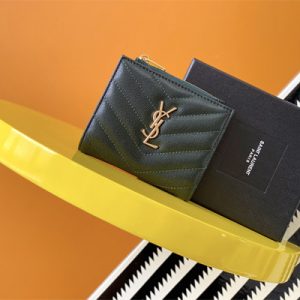 Y.S.L CASSANDRA MATELASS?? BI-FOLD WALLET IN GRAIN DE POUDRE EMBOSSED LEATHER Dk Green Color Gold Tone Metal