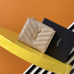 Y.S.L CASSANDRA MATELASS?? BI-FOLD WALLET IN GRAIN DE POUDRE EMBOSSED LEATHER Beige Color Gold Tone Metal