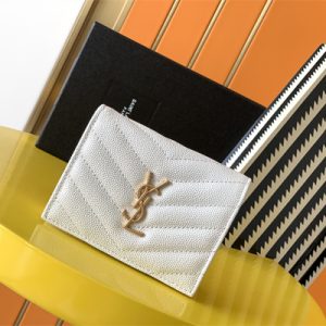 Y.S.L MONOGRAM MATELASS?? WALLET IN GRAIN DE POUDRE EMBOSSED LEATHER White Color Gold Tone Metal
