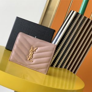 Y.S.L MONOGRAM MATELASS?? WALLET IN GRAIN DE POUDRE EMBOSSED LEATHER Pink Color Gold Tone Metal