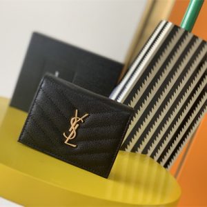Y.S.L MONOGRAM MATELASS?? WALLET IN GRAIN DE POUDRE EMBOSSED LEATHER Black Color Gold Tone Metal