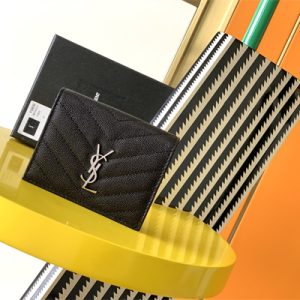 Y.S.L MONOGRAM MATELASS?? WALLET IN GRAIN DE POUDRE EMBOSSED LEATHER Black Color Silver Tone Metal