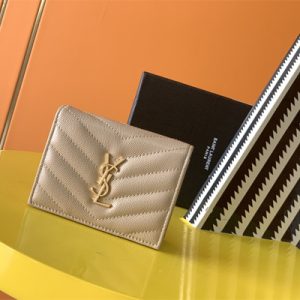 Y.S.L MONOGRAM MATELASS?? WALLET IN GRAIN DE POUDRE EMBOSSED LEATHER Beige Color Gold Tone Metal