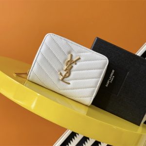 Y.S.L CASSANDRA MATELASS?? COMPACT ZIP AROUND WALLET IN GRAIN DE POUDRE EMBOSSED LEATHER White Color Gold Tone Metal