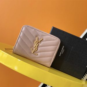 Y.S.L CASSANDRA MATELASS?? COMPACT ZIP AROUND WALLET IN GRAIN DE POUDRE EMBOSSED LEATHER Pink Color Gold Tone Metal