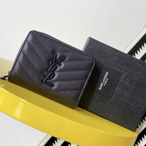Y.S.L CASSANDRA MATELASS?? COMPACT ZIP AROUND WALLET IN GRAIN DE POUDRE EMBOSSED LEATHER Black Color Black Tone Metal
