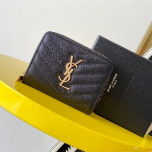 Y.S.L CASSANDRA MATELASS?? COMPACT ZIP AROUND WALLET IN GRAIN DE POUDRE EMBOSSED LEATHER Black Color Gold Tone Metal