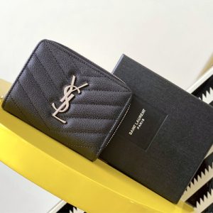 Y.S.L CASSANDRA MATELASS?? COMPACT ZIP AROUND WALLET IN GRAIN DE POUDRE EMBOSSED LEATHER Black Color Silver Tone Metal
