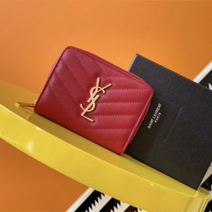 Y.S.L CASSANDRA MATELASS?? COMPACT ZIP AROUND WALLET IN GRAIN DE POUDRE EMBOSSED LEATHER Red Color Gold Tone Metal