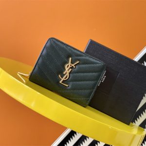 Y.S.L CASSANDRA MATELASS?? COMPACT ZIP AROUND WALLET IN GRAIN DE POUDRE EMBOSSED LEATHER Dk Green Color Gold Tone Metal
