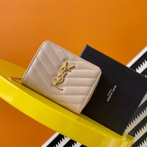 Y.S.L CASSANDRA MATELASS?? COMPACT ZIP AROUND WALLET IN GRAIN DE POUDRE EMBOSSED LEATHER Beige Color Gold Tone Metal