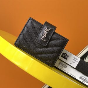 Y.S.L MONOGRAM BUSINESS CARD CASE IN GRAIN DE POUDRE EMBOSSED LEATHER Black Color Silver Tone Metal