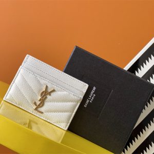 Y.S.L MONOGRAM MATELASS?? CARD CASE IN GRAIN DE POUDRE EMBOSSED LEATHER White Color Gold Tone Metal