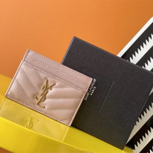 Y.S.L MONOGRAM MATELASS?? CARD CASE IN GRAIN DE POUDRE EMBOSSED LEATHER Pink Color Gold Tone Metal