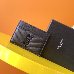 Y.S.L MONOGRAM MATELASS?? CARD CASE IN GRAIN DE POUDRE EMBOSSED LEATHER Black Color Black Tone Metal