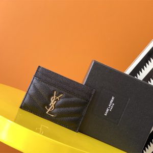 Y.S.L MONOGRAM MATELASS?? CARD CASE IN GRAIN DE POUDRE EMBOSSED LEATHER Black Color Gold Tone Metal