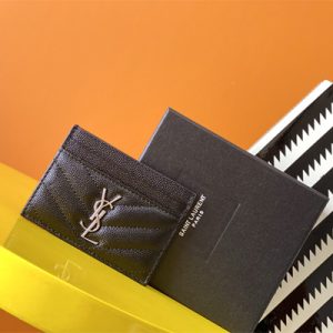 Y.S.L MONOGRAM MATELASS?? CARD CASE IN GRAIN DE POUDRE EMBOSSED LEATHER Black Color Silver Tone Metal