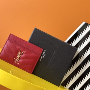 Y.S.L MONOGRAM MATELASS?? CARD CASE IN GRAIN DE POUDRE EMBOSSED LEATHER Red Color Gold Tone Metal