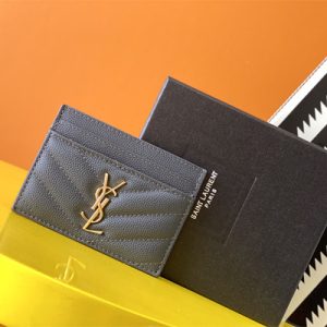 Y.S.L MONOGRAM MATELASS?? CARD CASE IN GRAIN DE POUDRE EMBOSSED LEATHER Grey Color Gold Tone Metal