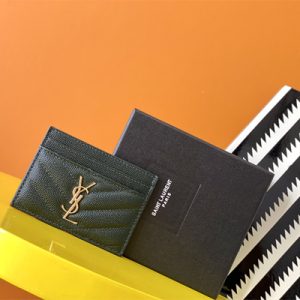 Y.S.L MONOGRAM MATELASS?? CARD CASE IN GRAIN DE POUDRE EMBOSSED LEATHER Dk Green Color Gold Tone Metal