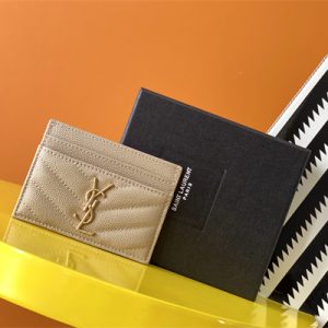 Y.S.L MONOGRAM MATELASS?? CARD CASE IN GRAIN DE POUDRE EMBOSSED LEATHER Beige Color Gold Tone Metal