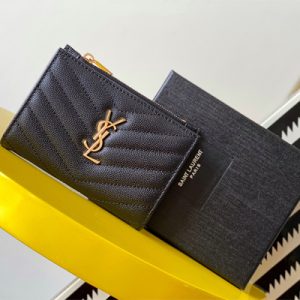 Y.S.L CASSANDRA MATELASS?? ZIP WALLET IN GRAIN DE POUDRE EMBOSSED LEATHER Black Color Gold Tone Metal