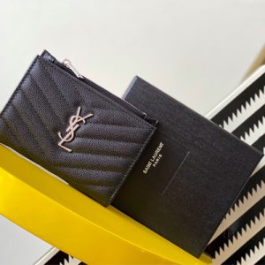 Y.S.L CASSANDRA MATELASS?? ZIP WALLET IN GRAIN DE POUDRE EMBOSSED LEATHER Black Color Silver Tone Metal