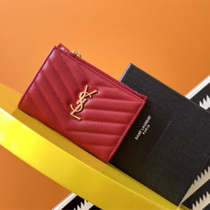 Y.S.L CASSANDRA MATELASS?? ZIP WALLET IN GRAIN DE POUDRE EMBOSSED LEATHER Red Color Gold Tone Metal