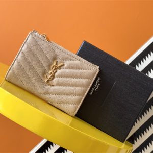 Y.S.L CASSANDRA MATELASS?? ZIP WALLET IN GRAIN DE POUDRE EMBOSSED LEATHER Beige Color Gold Tone Metal