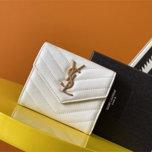 Y.S.L CASSANDRA MATELASS?? COMPACT TRI FOLD WALLET IN GRAIN DE POUDRE EMBOSSED LEATHER White Color Gold Tone Metal