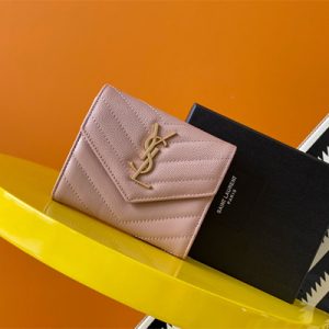 Y.S.L CASSANDRA MATELASS?? COMPACT TRI FOLD WALLET IN GRAIN DE POUDRE EMBOSSED LEATHER Pink Color Gold Tone Metal
