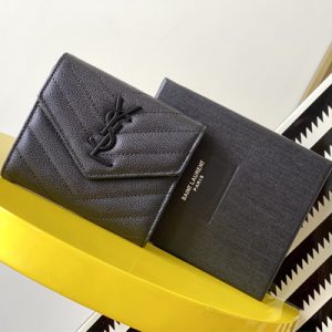 Y.S.L CASSANDRA MATELASS?? COMPACT TRI FOLD WALLET IN GRAIN DE POUDRE EMBOSSED LEATHER Black Color Black Tone Metal