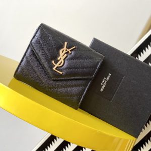 Y.S.L CASSANDRA MATELASS?? COMPACT TRI FOLD WALLET IN GRAIN DE POUDRE EMBOSSED LEATHER Black Color Gold Tone Metal
