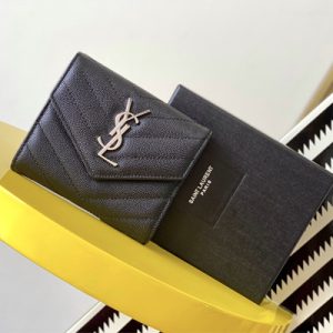 Y.S.L CASSANDRA MATELASS?? COMPACT TRI FOLD WALLET IN GRAIN DE POUDRE EMBOSSED LEATHER Black Color Silver Tone Metal