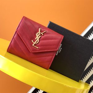 Y.S.L CASSANDRA MATELASS?? COMPACT TRI FOLD WALLET IN GRAIN DE POUDRE EMBOSSED LEATHER Red Color Gold Tone Metal