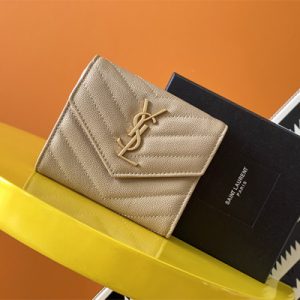 Y.S.L CASSANDRA MATELASS?? COMPACT TRI FOLD WALLET IN GRAIN DE POUDRE EMBOSSED LEATHER Beige Color Gold Tone Metal