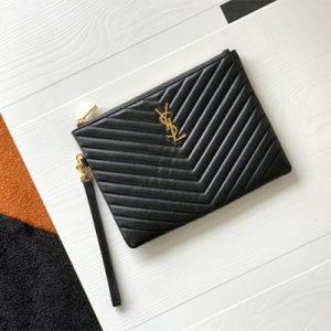 Y.S.L CASSANDRA MATELASS?? A5 POUCH IN QUILTED LEATHER Black Color Gold Tone Metal