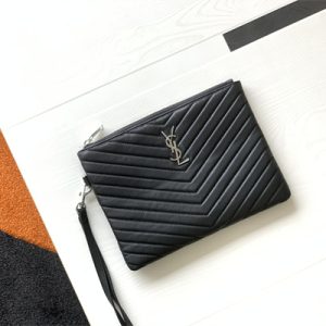 Y.S.L CASSANDRA MATELASS?? A5 POUCH IN QUILTED LEATHER Black Color Silver Tone Metal